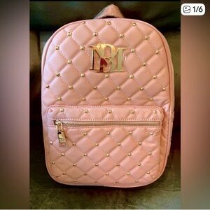 Pink Quilted Studded Backpack with Gold Monogram